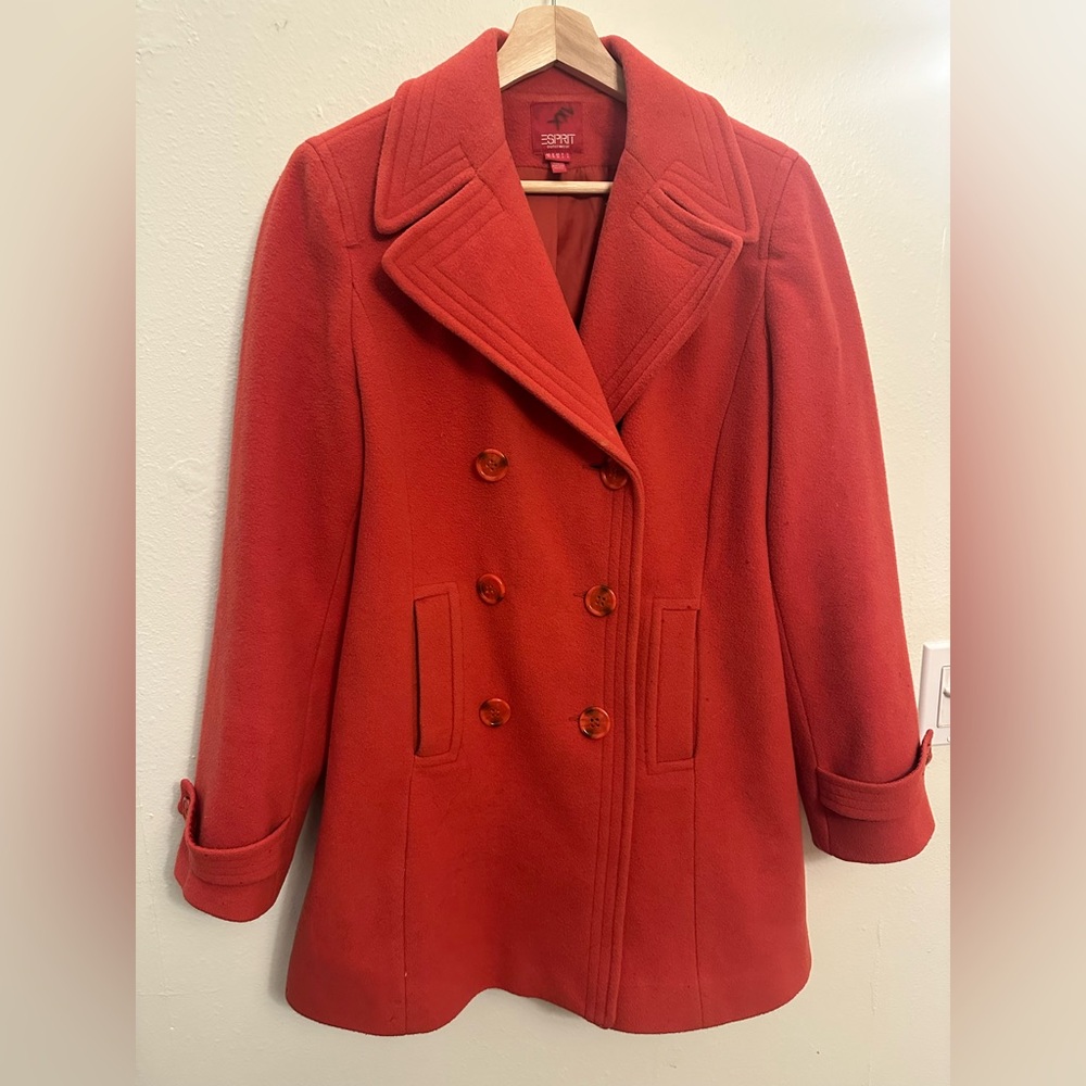 Esprit Vibrant Red Pea Coat 100%‎ wool vintage